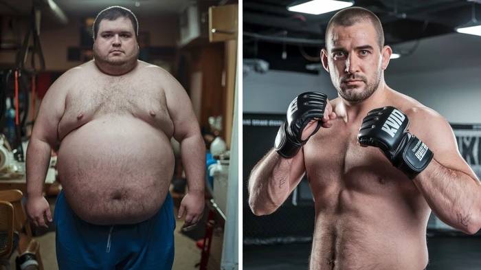 Voor en na foto van een fitness transformatie met zichtbaar gewichtsverlies en toename van spiermassa door training